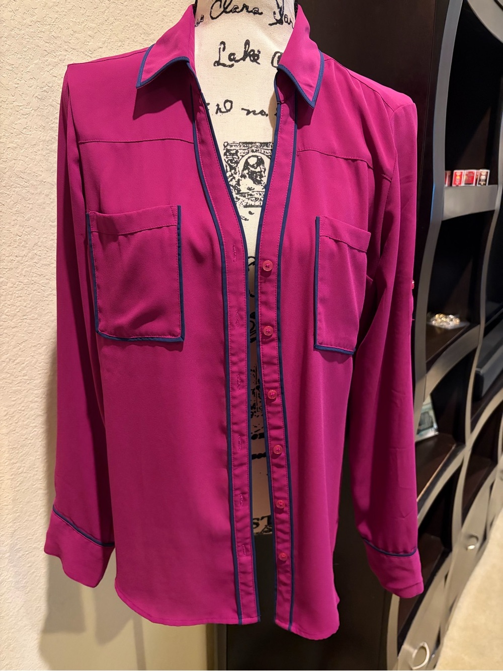 Express Magenta Button-Down Shirt with Navy Trim
